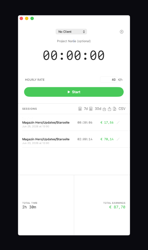 TimeTracker app screenshot showing the timer interface, session list, and client management on macOS
